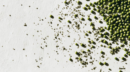 A minimalist composition featuring scattered green beans and fresh sprouts on a white textured surface, emphasizing healthy food choices and vibrant colors. Perfect for culinary and nutrition themes.の素材