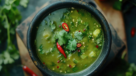 A mouth-watering green soup featuring vibrant herbs and chili. Perfect for healthy eating, this flavorful dish offers a blend of fresh ingredients in a rustic bowl.の素材