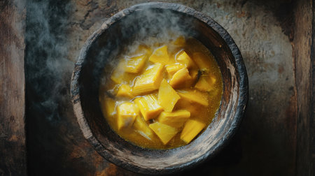 A beautiful serving of yellow stew in a rustic bowl, featuring fresh vegetables and spices. Explore the comfort and warmth of homemade cuisine.の素材