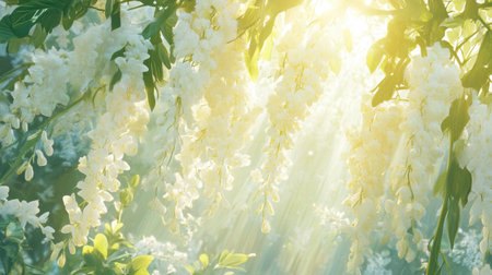 A captivating display of white blossoms illuminated by gentle sunlight, enhancing the serene atmosphere of a tranquil forest. Perfect for nature lovers.の素材
