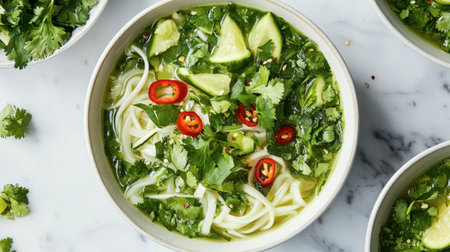 A vibrant bowl of green soup showcases fresh herbs, lime, and chili, perfect for a healthy meal. This dish highlights vibrant colors and flavors.の素材