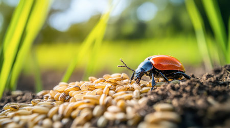 A striking red beetle is seen feeding on scattered seeds in a vibrant grassy field, illustrating the intricate relationship between insects and their environment.の素材