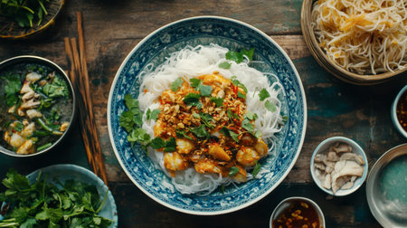 Experience the rich colors and flavors of this vibrant Asian noodle dish. Fresh herbs and spices enhance this inviting meal, perfect for any occasion.の素材