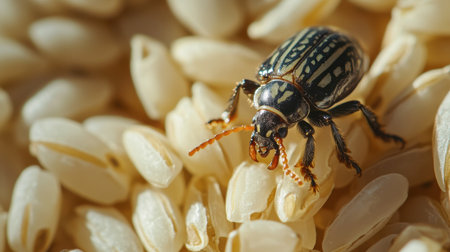 A detailed close-up of a beetle resting on grains, showcasing intricate textures and colors. This captivating image provides insight into macro entomology and ecology.の素材