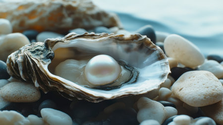 Close-up of a gleaming pearl nestled inside an open oyster, surrounded by smooth pebbles. This serene beach scene captures the beauty of nature and marine treasures.の素材