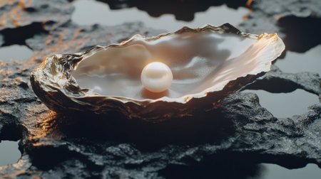 An exquisite pearl rests in an open oyster shell atop a rocky surface, highlighting the beauty of nature and luxury. A serene composition of organic elegance.の素材