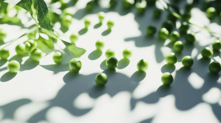 Vibrant fresh green peas scattered with delicate leaves create a beautiful, healthy composition. Soft shadows enhance the natural elegance on a white surface.の素材