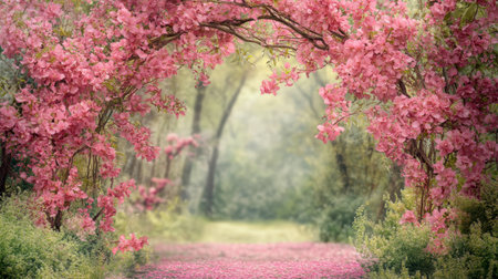 Experience the enchantment of a tranquil pathway framed by vibrant pink blossoms, inviting relaxation and appreciation of nature's beauty in this idyllic garden scene.の素材