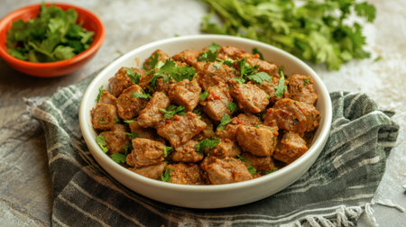 A mouthwatering dish featuring tender meat cubes garnished with fresh herbs, ideal for meal prep or gourmet dining. Perfect for food enthusiasts!の素材