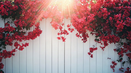 Vivid red bougainvillea flowers cascade over a white wooden fence, illuminated by warm sunlight, creating a serene and beautiful outdoor atmosphere.の素材