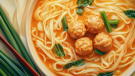Indulge in a colorful bowl of Asian noodle soup featuring delicious meatballs, fresh greens, and aromatic spices, perfect for any meal or occasion.の素材