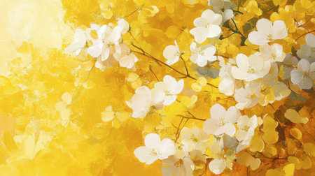 A stunning bright yellow background featuring delicate white blossoms, perfect for spring-themed designs, adding a touch of vibrant nature to any project.の素材