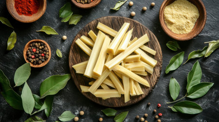 A vibrant display of fresh Lamiaceae ingredients arranged on a wooden board, surrounded by spices and green leaves. Perfect for culinary inspiration.の素材
