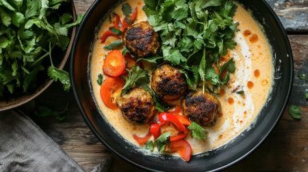 Enjoy a plate of savory meatballs topped with fresh herbs in a creamy sauce. This dish combines vibrant flavors and a rustic presentation, perfect for cozy dining.の素材