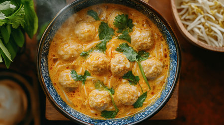 A vibrant bowl of soup featuring tender meatballs and fresh herbs, perfect for comfort food lovers. Ideal for meal preparation and flavorful dining experiences.の素材