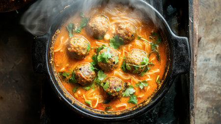 Enjoy the enticing sight of flavorful homemade meatballs simmering in a rich, spicy sauce, garnished with fresh herbs, perfect for a cozy meal.の素材