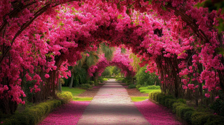 An enchanting pathway adorned with lush bougainvillea flowers in full bloom creates a serene and picturesque scene perfect for outdoor retreats or nature-loving escapes.の素材