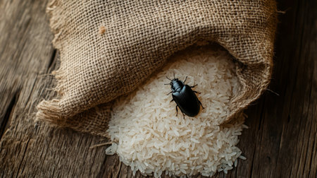 A close-up image featuring a black insect resting on rice grains scattered on a rustic wooden surface with burlap. Ideal for topics on pests, agriculture, and food safety.の素材