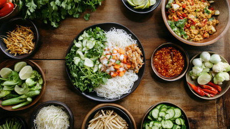 A beautifully arranged spread featuring fresh Vietnamese ingredients and noodles, highlighting vibrant colors and textures perfect for culinary exploration.の素材