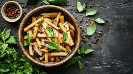 Delight in this vibrant vegetable dish garnished with fresh herbs and spices, perfect for healthy cooking and culinary presentations in rustic settings.の素材