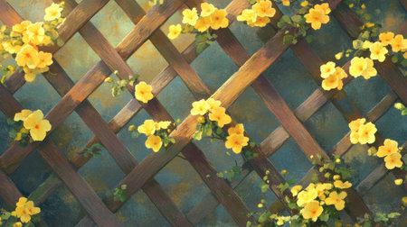 This vibrant illustration features bright yellow flowers climbing a wooden lattice, creating a beautiful and serene garden atmosphere, perfect for decor.の素材