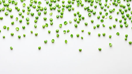 Bright green peas scattered on a white background create a fresh and vibrant culinary image. Ideal for healthy eating, recipes, and nutrition-themed projects.の素材