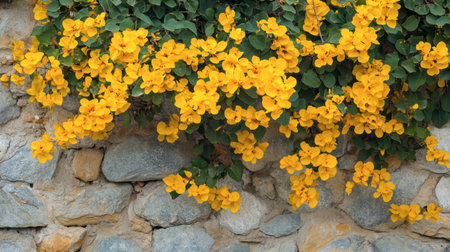 Bright yellow bougainvillea flowers cascade over a rustic stone wall, creating a beautiful contrast in nature's vibrant colors. Ideal for decor inspiration.の素材