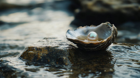 A stunning open oyster shell showcasing a luminescent pearl rests on a rocky shore, reflecting the calm waters of the ocean, embodying natural beauty.の素材