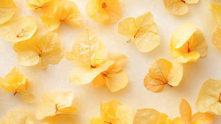 A delicate arrangement of yellow bougainvillea petals scattered on a soft background, perfect for nature themes, decoration, and artistic projects.の素材