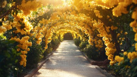 A stunning walkway adorned with lush yellow flowers creates a beautiful archway, offering a serene ambiance perfect for relaxation and nature lovers.の素材
