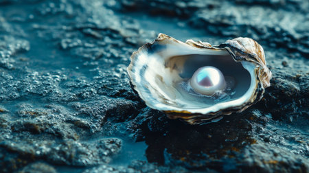 A stunning close-up of an open oyster shell revealing a lustrous pearl resting on a rocky shoreline, capturing the serene beauty of nature and marine life.の素材