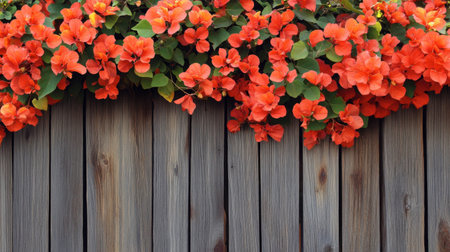 A stunning display of vibrant orange flowers draping over a rustic wooden fence, creating a beautiful and serene outdoor ambiance. Perfect for nature lovers.の素材