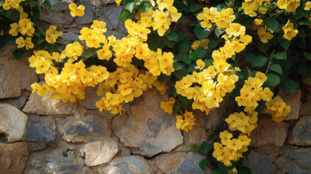 A vibrant display of yellow bougainvillea flowers climbing against a rustic stone wall. This image captures the essence of nature's beauty and tranquility, ideal for garden and landscape themes.の素材