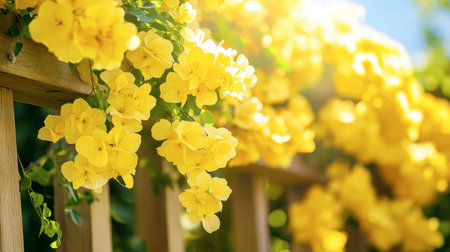 A stunning display of bright yellow flowers blooming gracefully along a wooden fence creates a cheerful outdoor scene filled with warmth and sunlight.の素材
