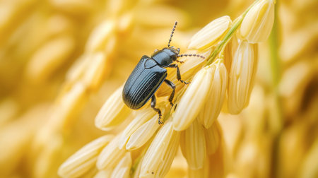 A macro closeup of a black beetle perched on delicate yellow flower petals. This vivid scene highlights the intricate details of nature and the beauty of small creatures.の素材