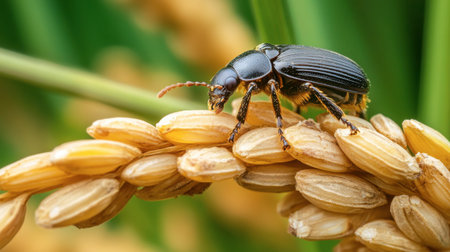 A detailed close-up image of a black beetle perched on golden grains. The beetle highlights the intricate details and textures of both the insect and the grain, showcasing nature's complexity.の素材