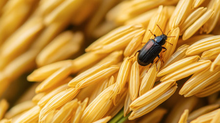 A detailed close-up shot of a beetle resting on golden rice grains in an agricultural field, showcasing the beauty of nature and the intricacies of insect life.の素材