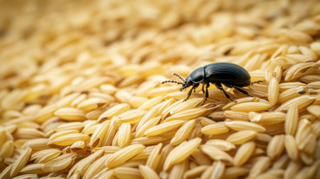 This close-up image showcases a black beetle resting on yellow rice grains, highlighting intricate details and textures in a natural agricultural setting.の素材