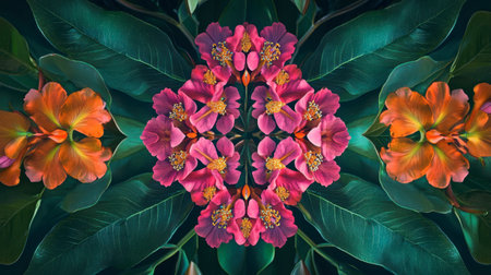 This artistic floral pattern showcases vibrant pink and orange flowers amidst dark green leaves, creating a stunning visual effect perfect for various design applications.の素材