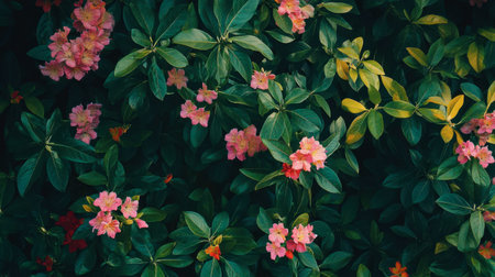 A stunning arrangement of vibrant green leaves adorned with delicate pink flowers, showcasing the beauty of nature in a tranquil, lush environment.の素材
