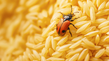 A detailed close-up of a vibrant beetle resting on yellow rice grains, highlighting the connection between insects and agricultural crops in a natural setting.の素材