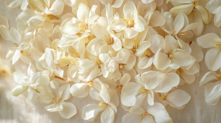 A serene arrangement of delicate white flower petals on a soft light background, creating a peaceful atmosphere. Perfect for designs that evoke natural beauty.の素材