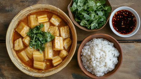 A vibrant presentation of steamed vegetables served with fluffy rice, fresh herbs, and a savory sauce on a rustic wooden table. Perfect for culinary enthusiasts.の素材