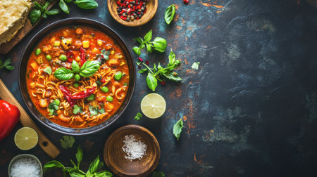 A vibrant bowl of vegetable soup featuring fresh herbs and spices. Perfect for showcasing healthy cooking, this colorful dish is ideal for food photography.の素材