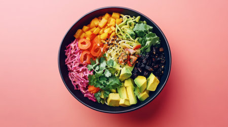 A vibrant bowl of fresh salad featuring avocado, mango, greens, and colorful vegetables. Perfect for health enthusiasts seeking nutritious and appealing meal options.の素材