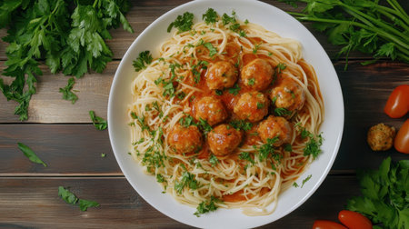 Savor a plate of spaghetti topped with juicy meatballs and fresh parsley, perfect for a comforting dinner or a festive gathering with loved ones.の素材
