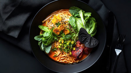 A visually striking Asian noodle bowl featuring fresh greens, flavorful toppings, and vibrant colors. Perfect for showcasing culinary art in food photography.の素材