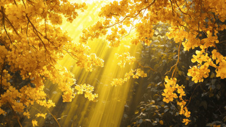 A stunning close-up of golden blossoms bathed in sunlight, surrounded by lush greenery, creating a serene and vibrant atmosphere perfect for nature lovers.の素材