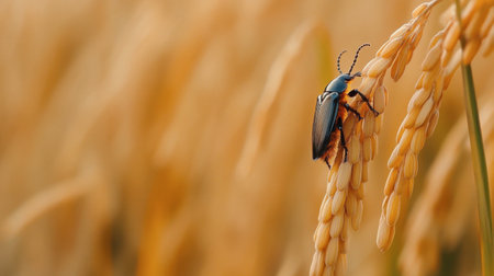 A detailed close-up of a beetle climbing a rice plant in a golden agricultural field. The image captures the beauty of nature and the delicate interactions within a thriving ecosystem.の素材