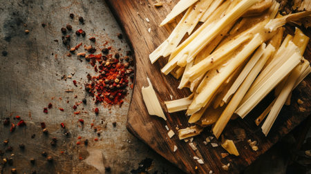 An artistic arrangement of fresh cheese sticks surrounded by various spices on a rustic wooden cutting board, perfect for culinary presentations and gourmet recipes.の素材